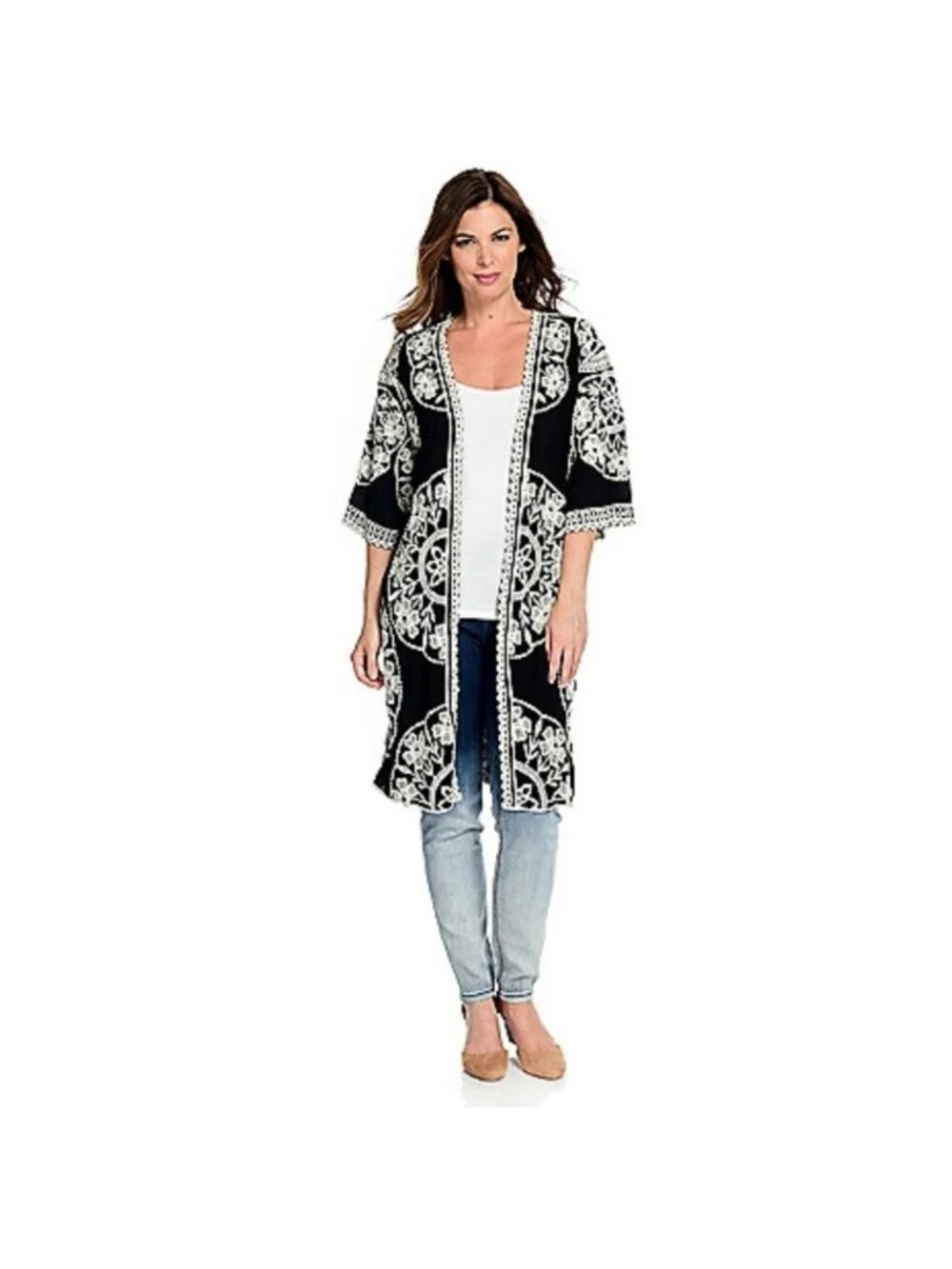 Indigo Thread Co. XL Black White Embroidered Open Front Kimono Boho Ethereal